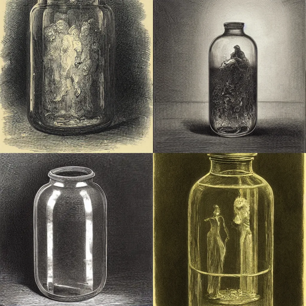 Prompt: fear bottled in a jar, gustave dorè