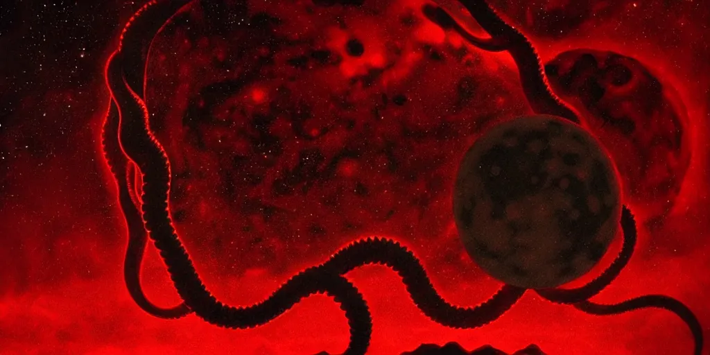 Image similar to giant <Cthulhu> tentacles silhouetted lunar surface crushing attacking red spaceship, bomber, photorealistic, wide-angle, long shot, epic, space, lunar photo backdrop on film