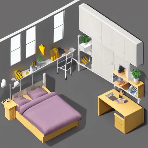 Image similar to ikea room interior of an isometric low - poly 3 d bedroom, soft lighting