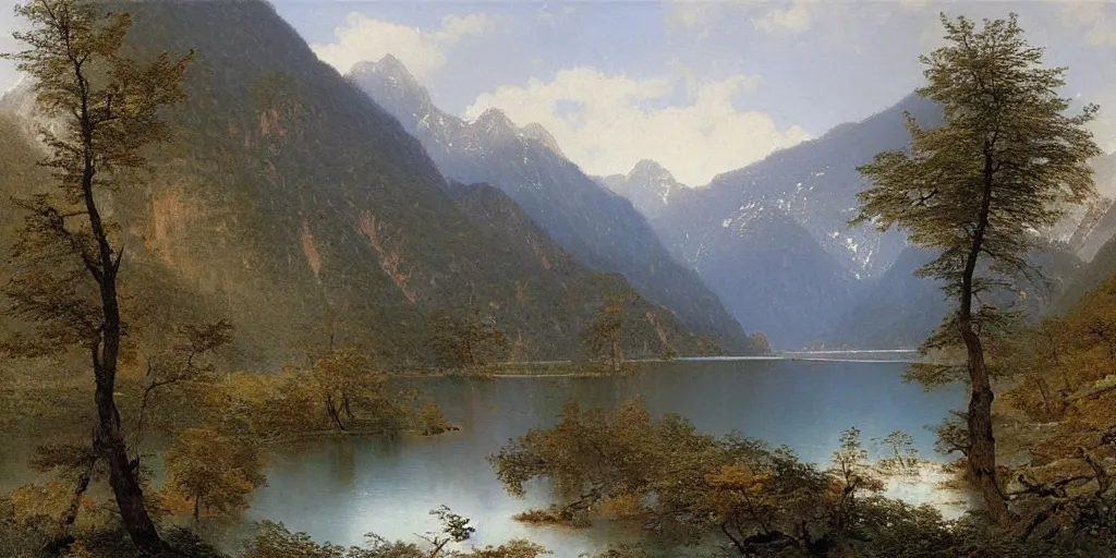 Image similar to art by alexandre calame of the cinematic view of the jiuzhaigou valley forest