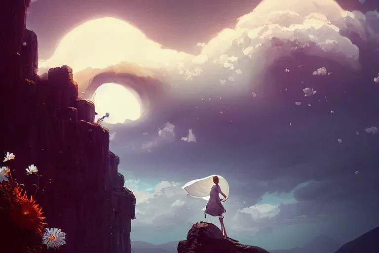 Image similar to giant white daisy flower as face, girl jumping on cliff, surreal photography, solar eclipse, milky way, dramatic light, impressionist painting, clouds, digital painting, artstation, james gilleard, liam wong, jeremy mann, simon stalenhag