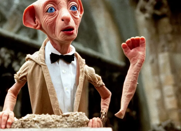 Image similar to Donald Trump as Dobby in Harry Potter, 35mm film