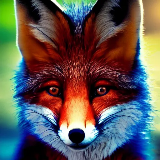 Prompt: A portrait of a surreal-looking fox with glowing blue eyes, focused, soft lighting, extremely detailed 8k, by Alexander Jannson