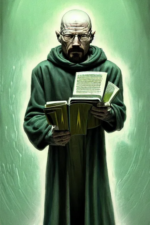 Image similar to painting of walter white as a cloaked tech priest holding a book, adeptus mechanicus!, cybernetic enhancements attached to his body, praise the omnissaiah, zdzislaw beksinski, lewis jones, mattias adolfsson, warhammer 4 0 k!!, cold hue's, warm tone gradient background, concept art, digital painting