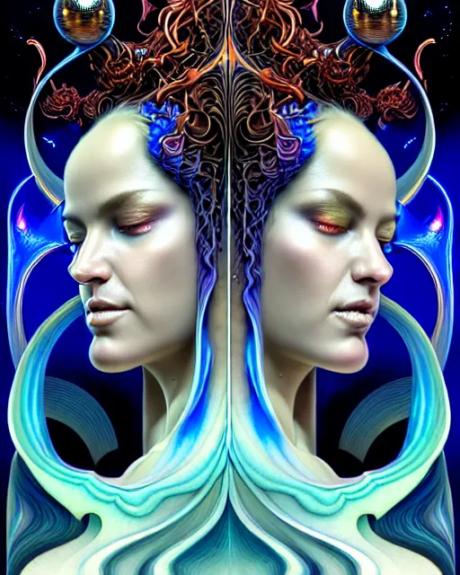 Image similar to a portrait of gemini water and fire fantasy character portrait made of fractals facing each other, wearing flowing robes, ultra realistic, wide angle, intricate details, the fifth element artifacts, highly detailed by peter mohrbacher, hajime sorayama, wayne barlowe, boris vallejo, aaron horkey, gaston bussiere, craig mullins