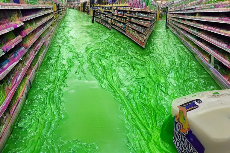 Image similar to rivers of green nickelodeon slime running down the aisles of walmart