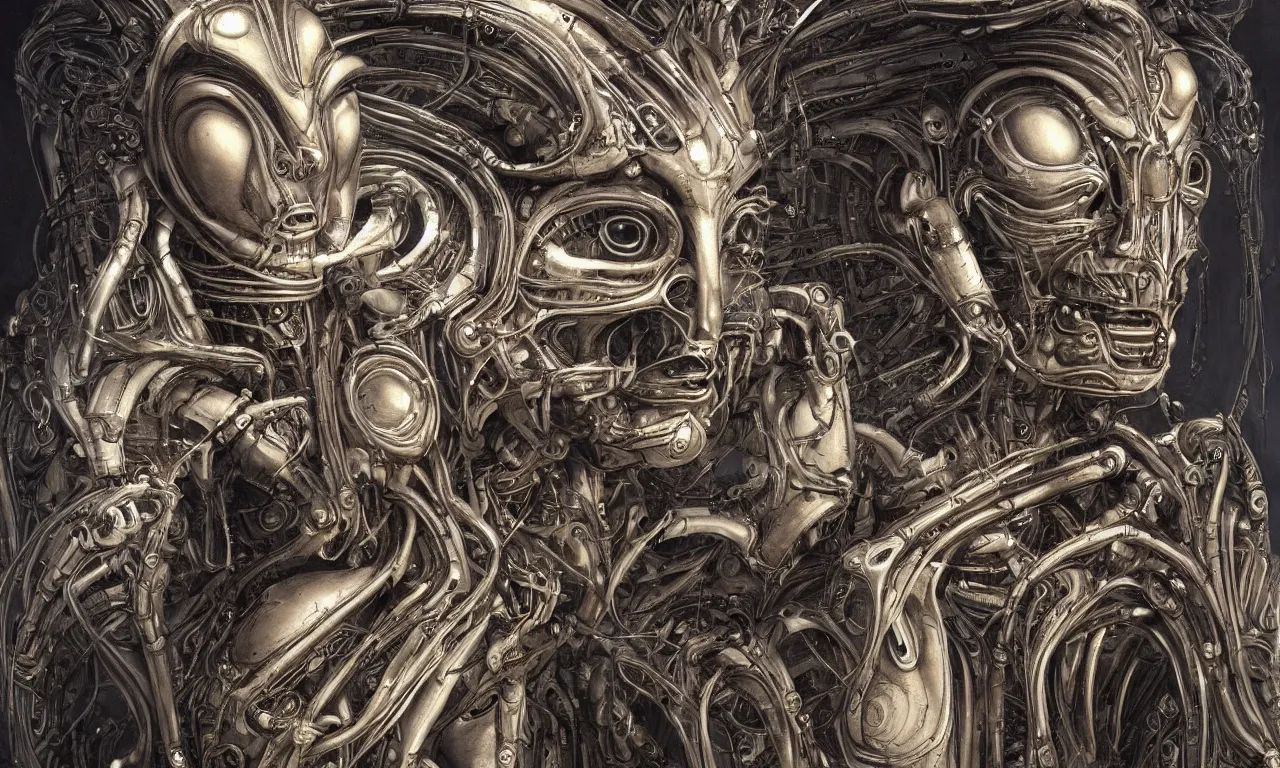 Image similar to perfectly centered symmetrical portrait, front view of a beautiful biomechanical android alien robot buddha, female, flowing hair, intense stare, sarcastic smile, concept art, intricate detail, volumetric shadows and lighting, realistic oil painting by h. r giger,