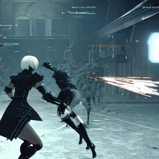 Image similar to a very high resolution image from nier : automata, featuring 9 s android fighting russian invaders in ukraine