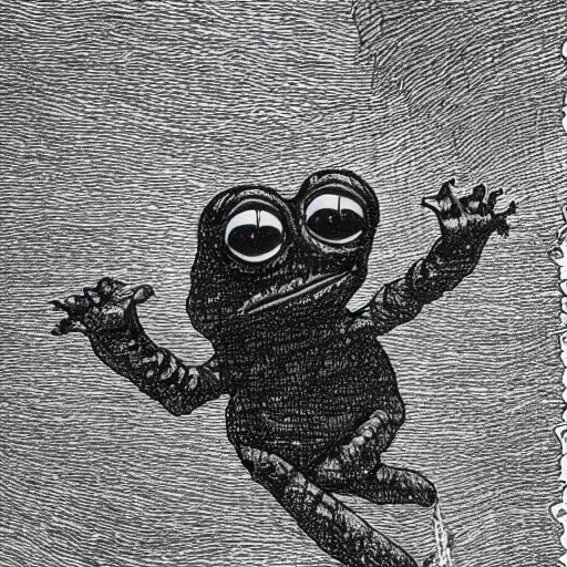 Prompt: pepe the frog falling into the infinite black void space in the style of Gustave Doré