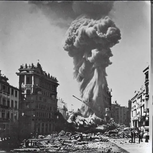 Image similar to A photo of a Puerta de Alcalá (Madrid) being destroyed by a nuclear bomb during the Spanish Civil War