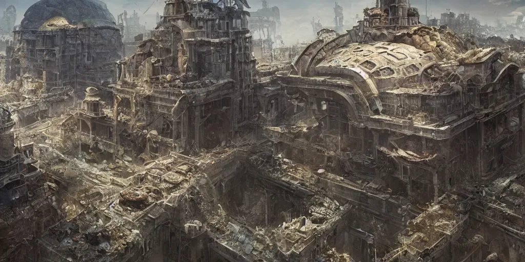 Prompt: abandoned city built on the shell of a huge ancient turtle, greg rutkowski, 8 k, shallow depth of field, intricate detail, concept art,