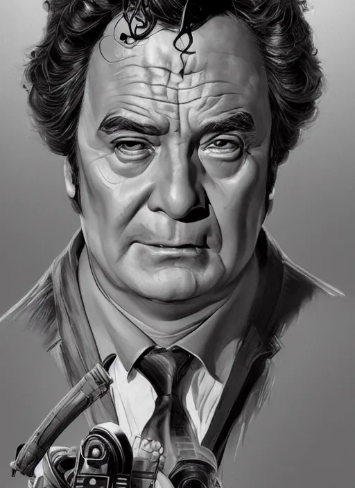 Image similar to Columbo as a Ghostbuster, intricate, elegant, highly detailed, centered, digital painting, artstation, concept art, smooth, sharp focus, illustration, artgerm, donato giancola, Joseph Christian Leyendecker, WLOP, Artgerm