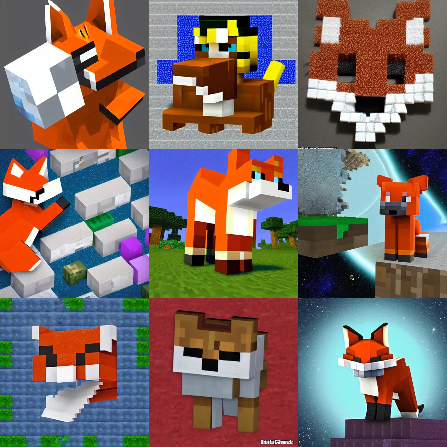 Prompt: fox with netherite block in mouth from minecraft floating in space near white christian crunch