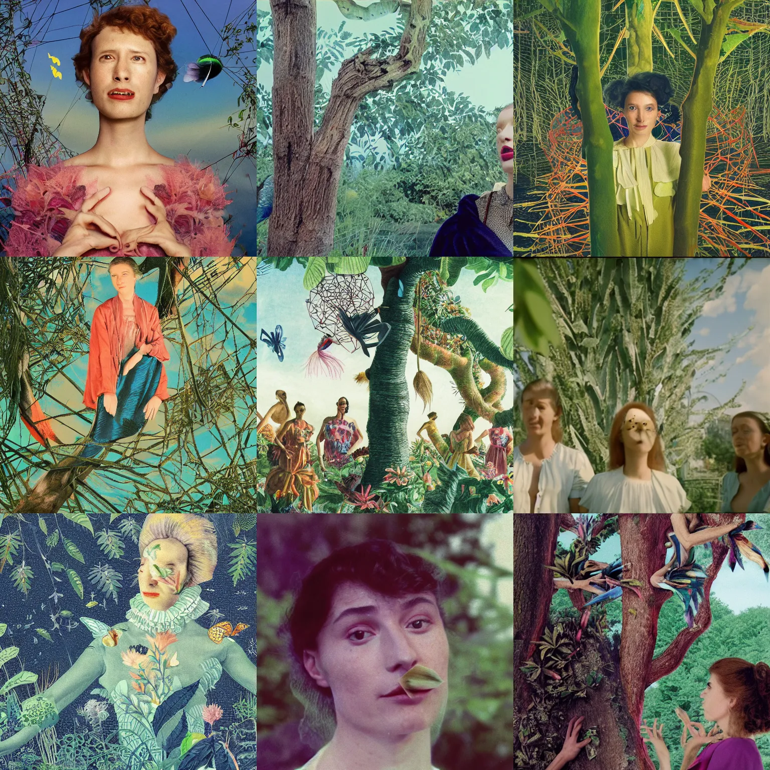 Prompt: non binary future world, sustainable cities in a harmonious coexistence, plume is connecting to the web through the tree, super 8 portrait by maria sibylla merian, derek jarman, barbara hammer 4 k, 8 k, perfect faces, very detailed mouth and eyes