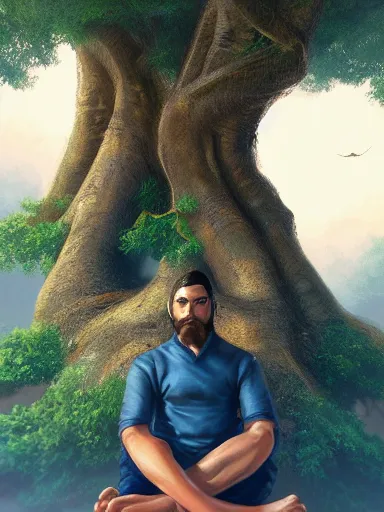 Image similar to a grumphy man, legs and arms crossed, sitting under a bodhi tree. intricate, elegant, highly detailed, digital painting, artstation, concept art, sharp focus, illustration, by justin gerard and artgerm, 8 k