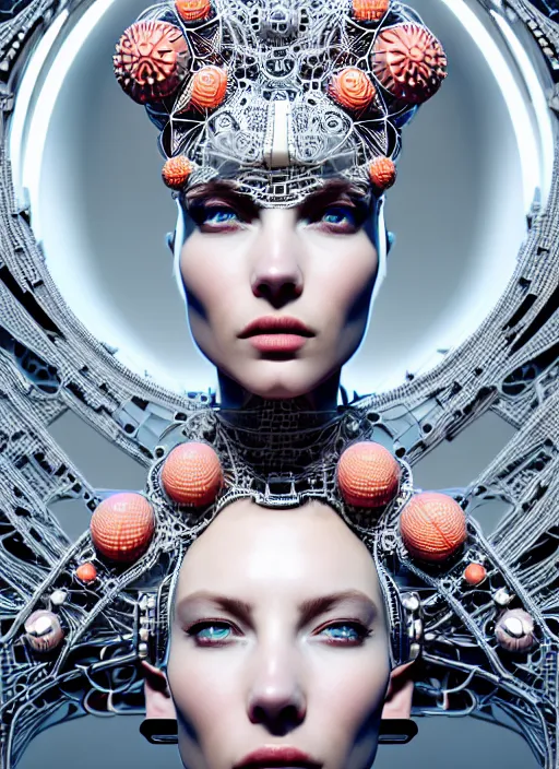 Prompt: portrait of an absurdly beautiful, graceful, sophisticated, fashionable cyberpunk mechanoid, hyperdetailed illustration by irakli nadar and alexandre ferra, intricate linework, white porcelain skin, faberge, coral headdress, unreal engine 5 highly rendered, global illumination, radiant light, detailed and intricate environment