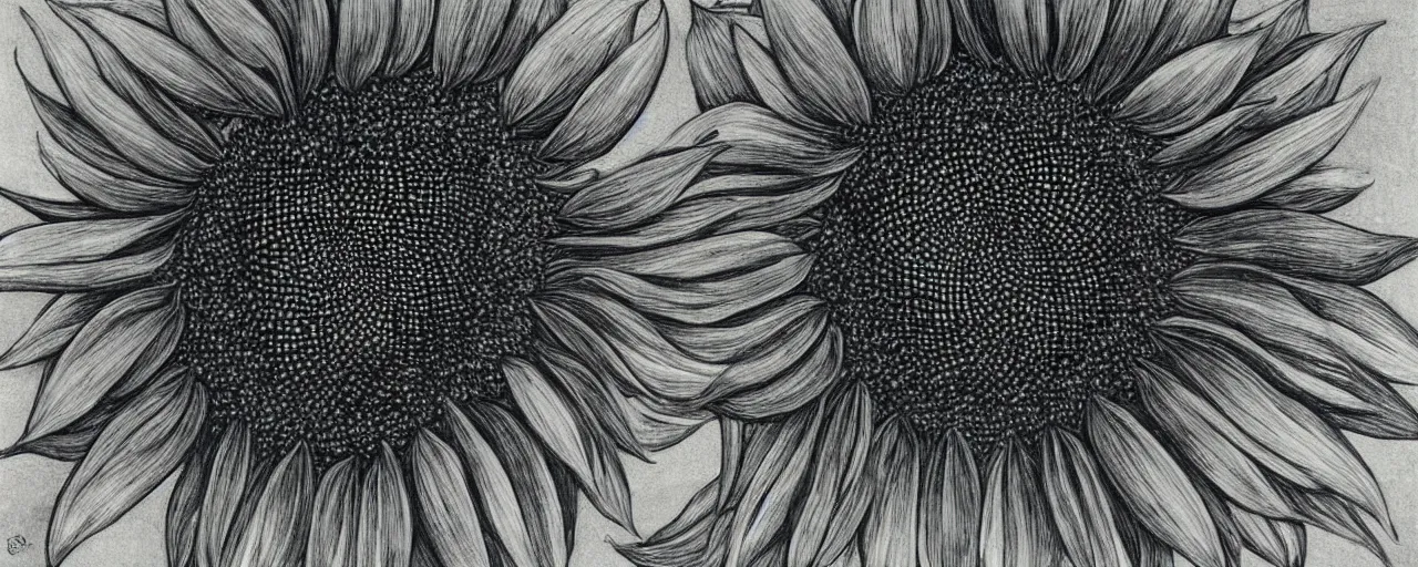 Prompt: a black and white sunflower, black minimalistic background, by Beksinski