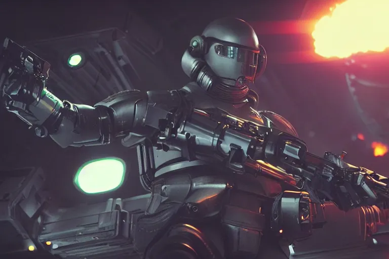 Image similar to VFX movie of a futuristic inhuman alien spacemarines in future spaceship, firing gun at space pirates detailed creature skin neon lighting by Emmanuel Lubezki