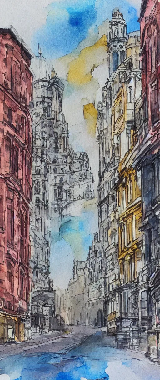 Prompt: Leeds City Centre colour concept art water colour paints