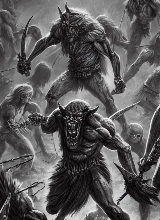 Prompt: a massively muscled werewolf fighting an army of skeletons in an underground tomb, ultra detailed fantasy, elden ring, realistic, dnd, rpg, game design concept art, behance hd, trending on artstation, award - winning, 8 k