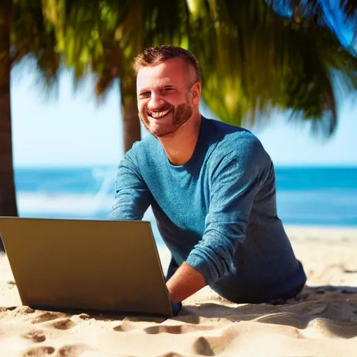 Prompt: stock photo of happy man working on laptop at beach, bokeh