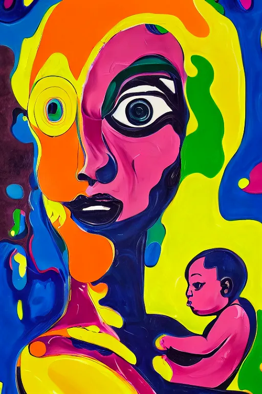 Prompt: a painting of a woman holding a baby, an ultrafine detailed painting by peter max and hernan bas and anna mond, featured on deviantart, metaphysical painting, biomorphic, fauvism, mixed media, photorealistic, dripping paint, palette knife texture, masterpiece