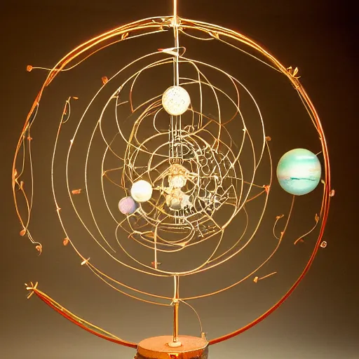 Prompt: a kinetic sculpture of this solar system, sun, orrery, canon 5 d 5 0 mm lens, papier - mache, studio, 1 9 2 8