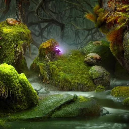 Prompt: soft painting render curiosities alien desolated world pond vegetation rocks, beautiful fairy creature covered moss, accurate features, focus, very intricate ultrafine details, random volumetric lighting, dense fog, award winning masterpiece, octane render 8 k hd, artstation