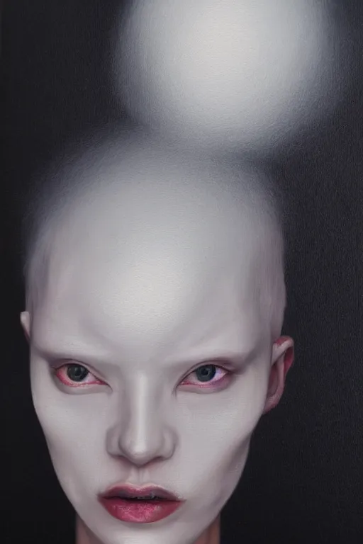 Image similar to hyperrealism oil painting, close - up portrait of albino medieval fashion model, black silk, steel gradient mixed with nebula sky, in style of baroque