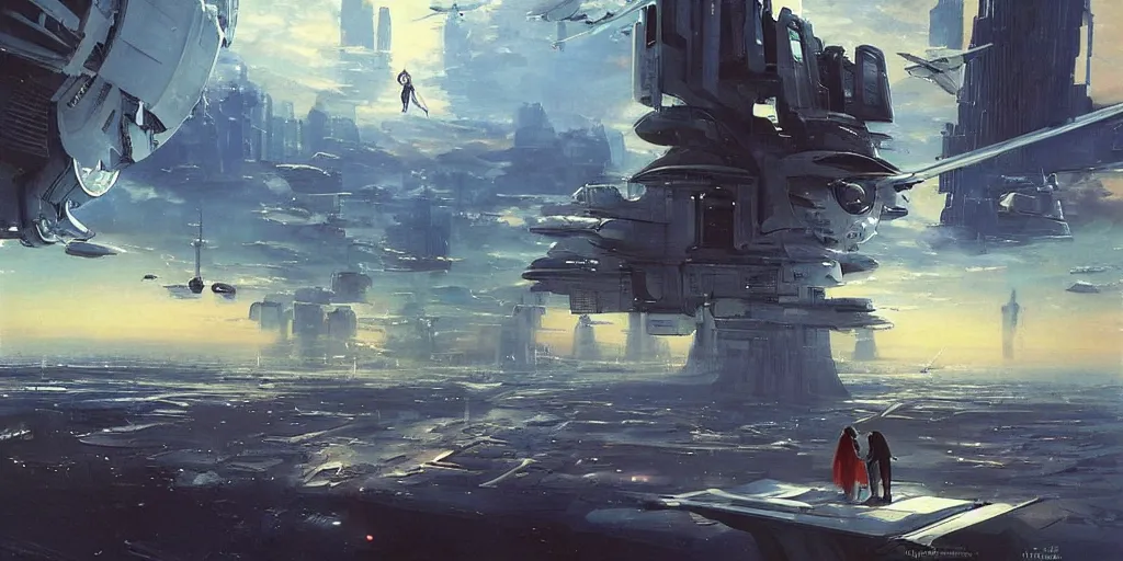 Image similar to gorgeous sci fi imagery | landing spot | space and city flying craft | futuristic | beautiful couple in the foreground heading to their hovering transport | futurism | modern couple | futuristic cityscape in the background | medium angle | by john berkey, greg rutkowski, james gurney