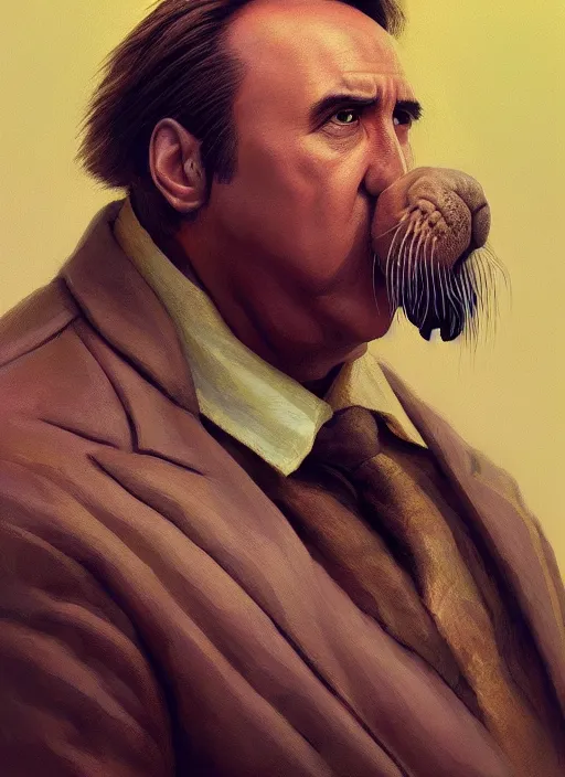 Image similar to portrait of walrus nicolas cage, highly detailed, centered, solid color background, digital painting, artstation, concept art, smooth, sharp focus, illustration, artgerm, donato giancola, joseph christian leyendecker, les edwards, ed repka, wlop