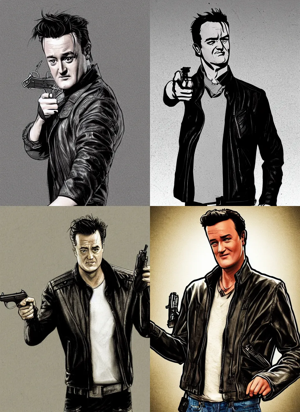 Prompt: chandler bing wearing a leather jacket holding a pistol, Manhattan street, nighttime, graphic novel, black and white, artstation