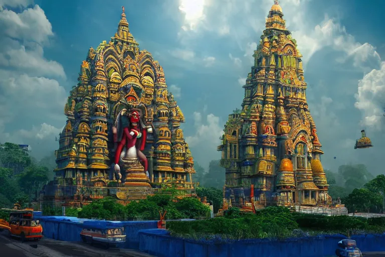 Image similar to high quality 3 d dreamscape! mumbai with biomorphic hanuman!! head building, kalighat detailed, unreal engine cinematic smooth, stephen shore & john j. park, soft morning light, wide shot, high angle, uhd 8 k, deep focus