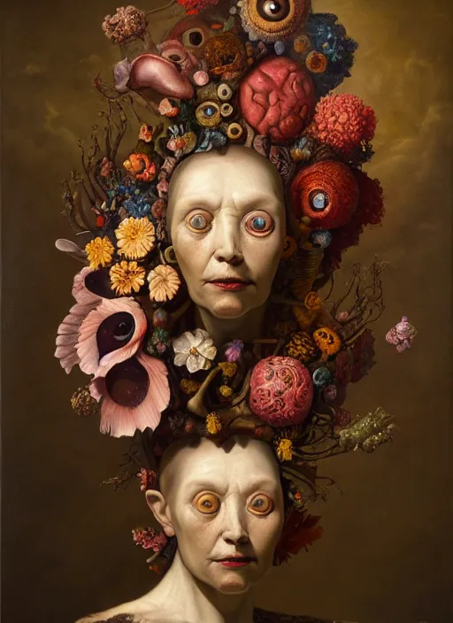 Prompt: strange, looming head, biomorphic painting of a woman with large eyes, wearing a crown of flowers and bones, deep rich colours by, rachel ruysch, and charlie immer, highly detailed, emotionally evoking, head in focus, volumetric lighting, oil painting, timeless disturbing masterpiece