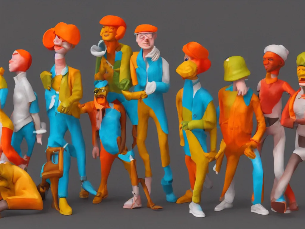 Prompt: 5 member funk band, thermoplastic - elastomer figurines, retro - vintage, neo soul, mixed media with claymorphism, matte color palette, designed by artstationhq, retro, 3 - dimensional, gouache 3 d shading, tilt shift, low fi,