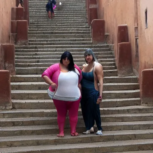 Image similar to an obese Indian woman and Jodie Marsh on steps in Porto, greg rutkowski
