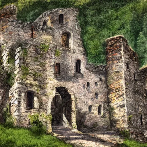 Image similar to old castle ruins on top of mountain in the village of verclause france, digital painting, realism, 4 k,