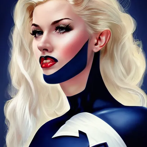 Image similar to a beautiful pin - up portrait of a beautiful cute superhero woman, blonde hair, matte navy - blue bodysuit, white cape, intricate, elegant, 8 k, highly detailed, digital painting, concept art, smooth, sharp focus, illustration, by norman rockwell and artgerm and loish and wlop