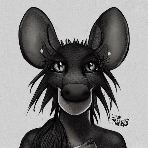 Image similar to headshot of young female furry, D&D, cute, fantasy, intricate, long hair, dark grey skin, mouse face, mouse nose, dark skin, mouse head, mouse ears, black hair, elegant, highly detailed, cartoony, artstation, concept art, smooth, sharp focus, illustration, art by Diives