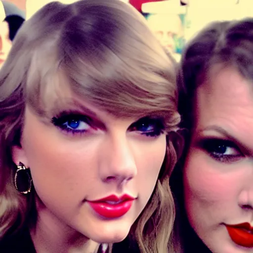 Prompt: a selfie of taylor swift and taylor swift, medium shot, detailed eyes,