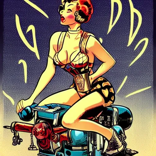 Image similar to pin-up art of warhammer imperial guard woman sitting on a bomb while sending love kisses vintage colours by mcbess