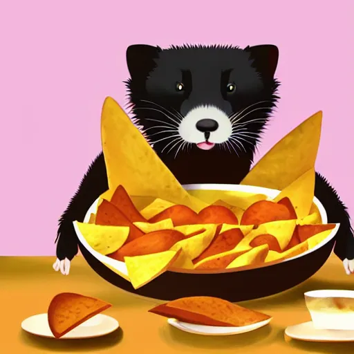 Prompt: a ferret eating a huge plate of nachos with enthusiasm, digital painting