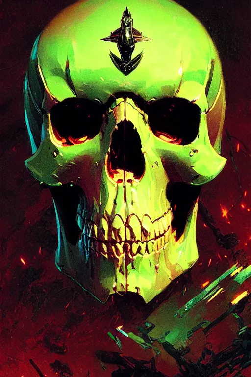 Image similar to extreme close up cyber skull military unit logo green background extreme detail portrait dnd, painting by gaston bussiere, craig mullins, greg rutkowski, yoji shinkawa