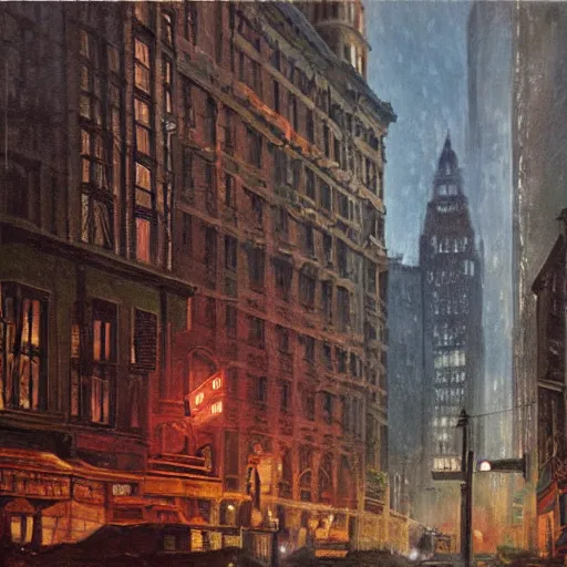 Image similar to muted color ultra realistic painting of 1 9 2 5 boston downtown at night in doctor strange's mirror dimension, dark, brooding, night, atmospheric, horror, cosmic, ultra - realistic, smooth, highly detailed in the style of clyde caldwell