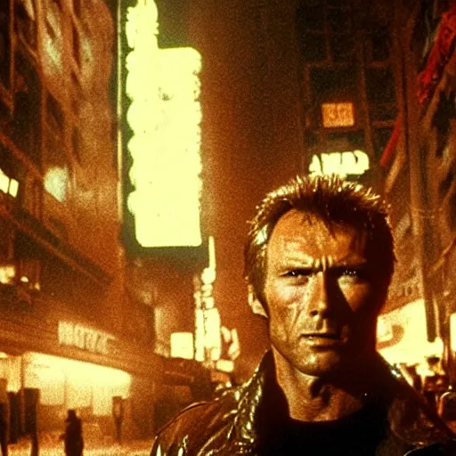 Prompt: potrait of clint eastwood in blade runner 1982 by Ridley Scott posing on a neon rainy street in headlights, steam from ground, movie shot