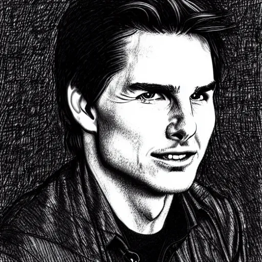 Image similar to a portrait drawing of Tom Cruise drawn by Robert Crumb