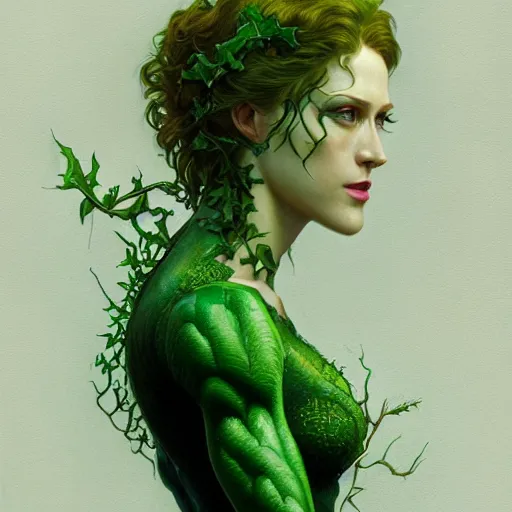 Image similar to full figure ultra realistic illustration, evan rachel wood as poison ivy with curly hair and green skin, intricate, elegant, highly detailed, digital painting, artstation, concept art, smooth, sharp focus, illustration, art by artgerm and greg rutkowski and alphonse mucha