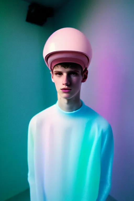 Image similar to high quality pastel coloured film mid angle portrait photograph of a beautiful young 2 0 year old male, soft features, short hair, perspex space visor and oversized inflated clothing!!!! icelandic black! rock pool environment. atmospheric three point light. photographic. art directed. ( pastel colours ). volumetric. clearcoat. waves. 8 k. filmic.