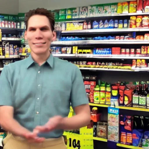 Prompt: Jerma985 robbing a 711, convenience store checkout background, Jerma