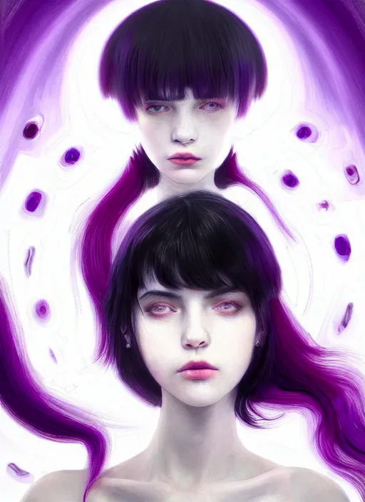 Image similar to portrait of teenage girl, red irises, bangs, black and white hair, white bangs, purple clothes, white bangs, two color hair, black hair and white bangs, intricate, elegant, glowing lights, highly detailed, digital painting, artstation, concept art, smooth, sharp focus, illustration, art by wlop, mars ravelo and greg rutkowski